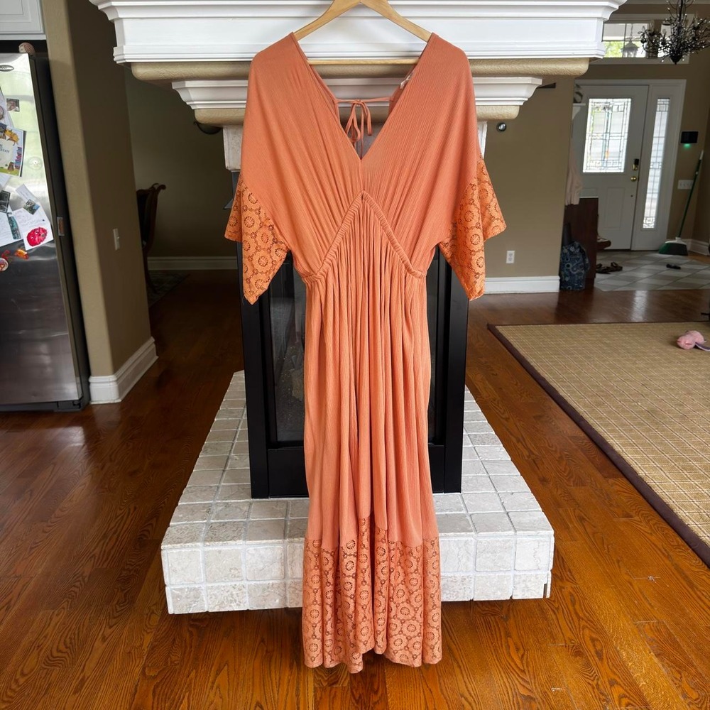 Torrid Festi coral gauze boho maxi dress lace details v neck with a tie back